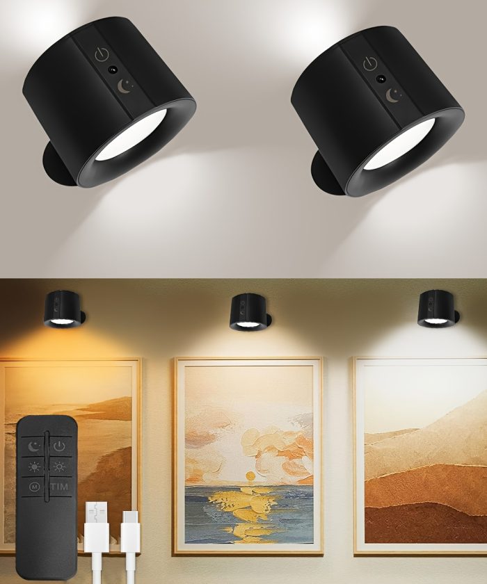 2pcs LED Wall Light, Adjustable Light Touch, 360° Rotating Magnetic Ball, USB Rechargeable Multi-functional Reading Lamp, 3 Color Switch Wall-mounted Or Desktop, Polished Surface, Suitable for Living Room Bedroom Corridor