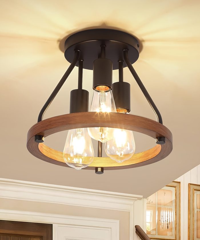 3-Light Chandelier Rustic Farmhouse- Semi-Flush Mount, Metal Finish with E26 Base, Warm Ambient Lighting for Hallway, Bedroom & Kitchen Decor, No Bulbs Included, Modern Farmhouse Light Fixture, Chandelier for Living Room, Rustic Charm Decor