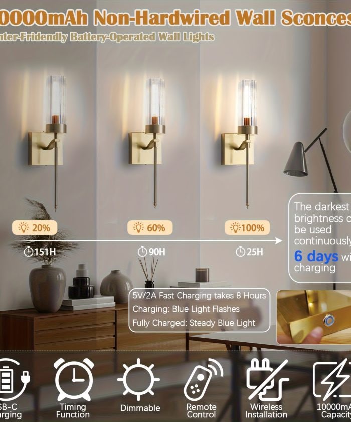 Battery Operated Wall Sconce Set Of 2 with Remote, Battery Powerd Wall Sconce Rechargeable & Dimmable 2700K, Cordless Wall Lights for Bathroom Living Room Hallway